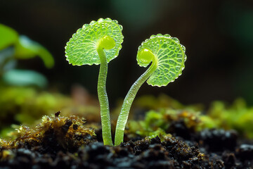 Macro close up of two delicate green seedlings sprouting from rich soil, fresh young plant leaves illuminated with dew drops, new life concept, early growth stage in nature, botanical photography of e
