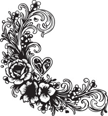 Hand-drawn floral flourish border in tattoo style, romantic heart and petal details,