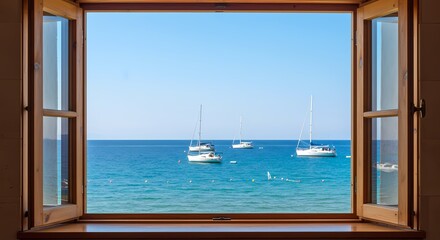 Obraz premium Blue Sea, Sky, and Sailboats: White Sails Decorate Vast Sea, Outlining a Fresh Sailing Scene