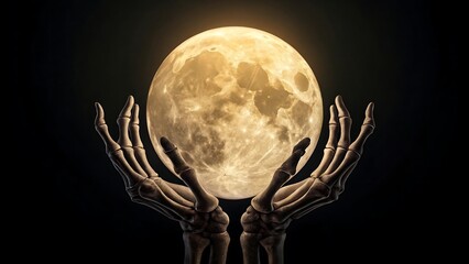 Skeletal hands cradling a luminous full moon against a dark background skeleton hands night
