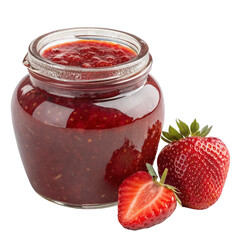 Homemade strawberry jam in a glass jar with fresh berries