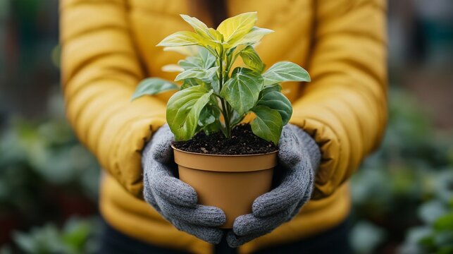 Small potted plant held in gloved hands.