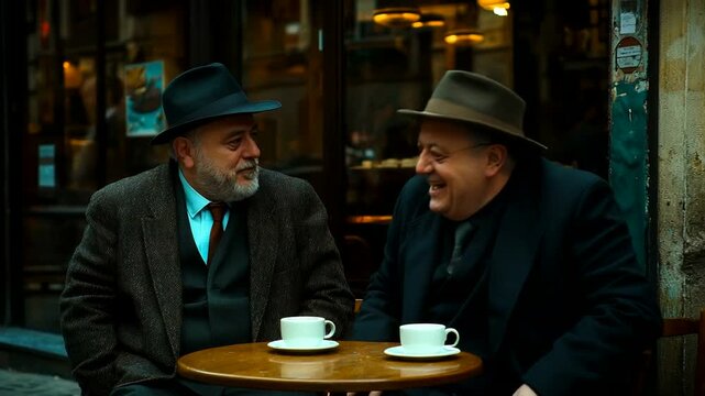 Two men laughing outdoors at a cafe table.