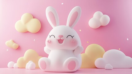Fototapeta premium This delightful 3D cartoon rabbit with fluffy ears and a joyful expression sits against a pastel pink background, surrounded by soft clouds. Perfect for children’s themes.