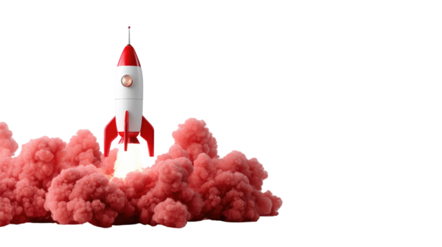 Rocket Launch: A dynamic image captures a rocket soaring upwards, leaving a vibrant cloud of red smoke in its wake, signifying innovation, progress, and the limitless boundaries of space