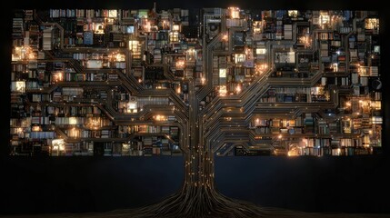 Fototapeta premium Digital Tree of Life Symbolizes Self-Growth With Intertwined Circuits and Books, Showcasing Knowledge and Technology in Harmony