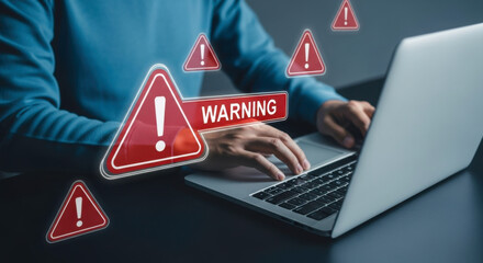 Cybersecurity warning alert on laptop computer internet security threat detection system vulnerability scan