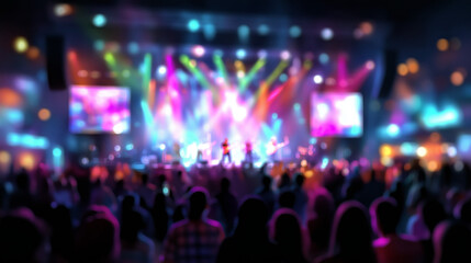Blurry colorful rock band concert stage with crowd silhouettes, rainbow spotlight beams, electric atmosphere in indoor venue, perfect for music events, performance posters, or nightlife promotions