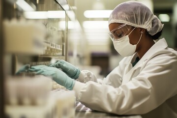 A focused laboratory technician performs meticulous research in a modern facility, wearing personal protective equipment while handling samples and conducting analyses.
