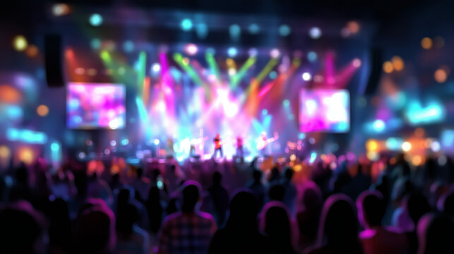 Blurry colorful rock band concert stage with crowd silhouettes, rainbow spotlight beams, electric atmosphere in indoor venue, perfect for music events, performance posters, or nightlife promotions