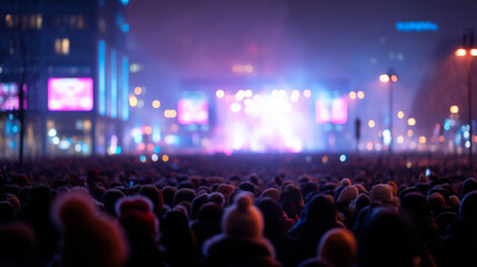 Night winter music festival crowd in front of glowing pink and purple concert stage, urban city background, cozy winter clothing, suitable for holiday event promotions