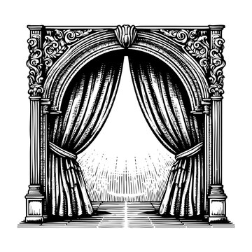 black and white theater archway with curtains clip art preview