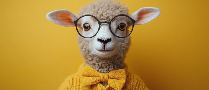 A comical sheep wearing oversized glasses and a yellow bow tie against a bright yellow background, portraying a smart look