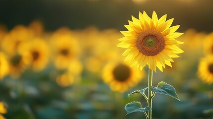 Fototapeta premium A stunning sunflower stands tall amidst a lush field, basking in warm golden light. This vibrant bloom represents beauty and tranquility in nature.