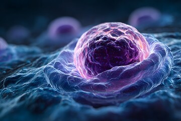 Macro 3D rendering of a human cell or stem cell, illustrating concepts in biology and medical research.

