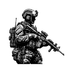 Fototapeta premium Soldier running with rifle and full gear engraving black and white outline. Scratch board imitation.