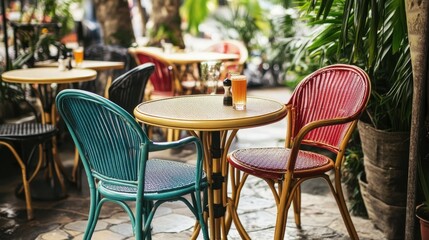 A vibrant outdoor cafe scene showcasing colorful chairs and a refreshing drink on a beautifully set table amidst lush greenery, perfect for relaxation.