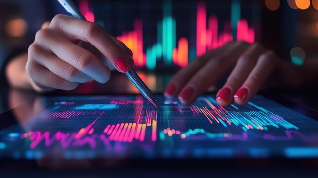 Closeup of hands using a stylus to analyze financial charts and data on a digital tablet - Powered by Adobe