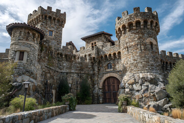 This stone castle features multiple towers and a sturdy wooden gate