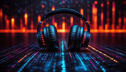 Studio headphones rest against a vibrant, colorful background with a digital soundwave pattern glowing