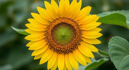 Obraz premium A close up shot of a vibrant sunflower with yellow petals and green center in soft outdoor light