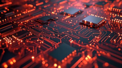 A striking close-up view of a circuit board featuring red and black colors. The intricate design highlights the connectivity and technological elegance of modern electronics.