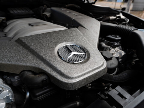 Mercedes-Benz V8 engine bay, Close-up of a powerful AMG C 63 motor


