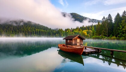 Misty mountain lake with wooden cabin and boat