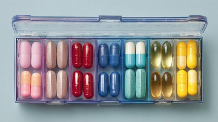 Plastic weekly pill organizer with labeled daily compartments filled with assorted medications, vitamins, and supplements for health, routine, and elderly care management

