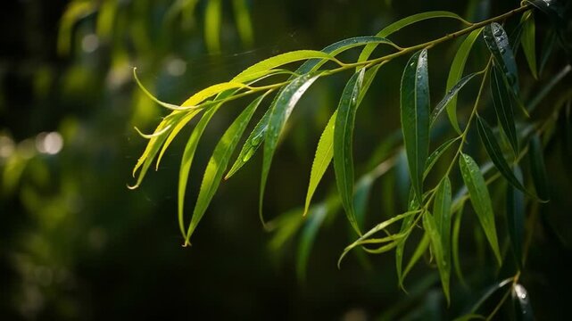 Close up of Willow Tree Branches with Green Leaves in Natural Sunlight
