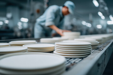 automated factory producing biodegradable tableware is depicted highlighting worker expertly handling ecofriendly