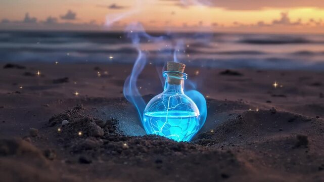An enchanting blue glowing potion bottle, emitting ethereal smoke and shimmering particles, sits on a tranquil beach at dusk.