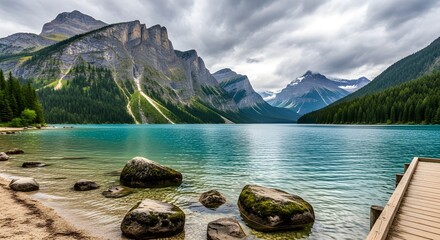 A scenic view of a turquoise lake surrounded by mountains and forests under a cloudy sky day light