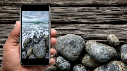 A person holding a smartphone capturing a scenic view of the ocean with waves crashing on rocks