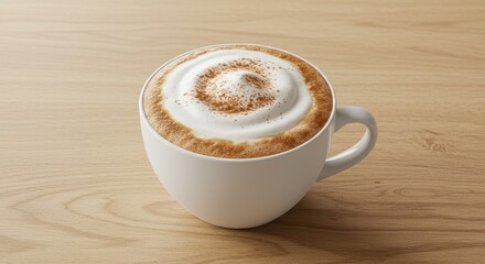 Obraz premium Close-Up of Creamy Coffee with Frothy Milk Topped with Cinnamon on a Natural Wooden Table Surface
