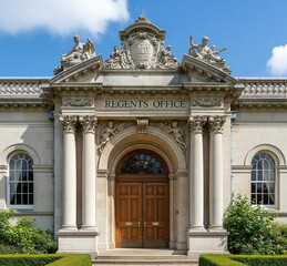 Obraz premium Elegant stone building entrance with ornate carvings and a wooden door under a bright sky.