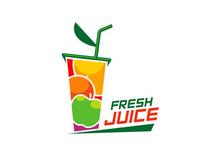 Fresh juice icon for fruit mix drink or smoothie label in cup with drinking straw, vector emblem. Natural organic juice drink of fresh apple, orange and citrus vitamin in smoothie cup for bio beverage