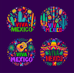 Viva Mexico Mexican independence holiday labels with cacti and sombrero hat, tropical flowers and guitar, maracas, tequila and jalapeno in alebrije style. Isolated vector round emblems for Latin event