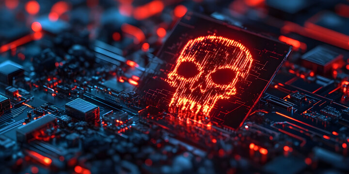 Hacker leak concept illustration - Digital skull design illuminated in red on a circuit board, symbolizing technology's dark side and cybersecurity threats
