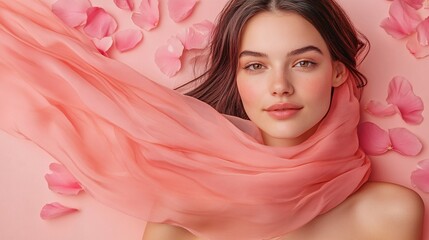 Woman with a delicate pink scarf and rose petals.