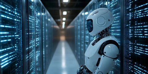 Futuristic robot standing in a high-tech server room, surrounded by glowing data servers, showcasing advanced technology