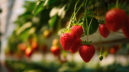 Fresh Strawberries Growing in Modern Hydroponic Greenhouse Farm