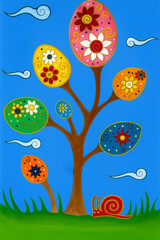 Whimsical Tree Illustration with Colorful Egg-Shaped Leaves and Floral Patterns.  Hand-Painted afntasy nature artwork. It was drawn by hand and then corrected with artificial intelligence.