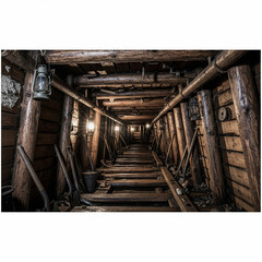 Dark, wooden mine tunnel interior showing tools, lamps, and timber supports.