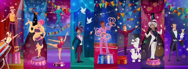 Cartoon chapiteau circus performers characters collage. Vector funny circus clown, magician and acrobats, juggler, animal trainer, conjurer or illusionist performers at carnival top tent arena © Vector Tradition