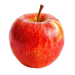 Close-up of a single, round, red apple.  Fresh, vibrant red apple with subtle yellow stripes.  Water droplets on the skin.  Stem is visible