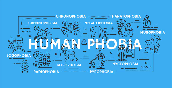 Human phobia, mental health and psychology problems in line icons, vector poster. Phobia types and mental disorders with panic of psychological fears as chronophobia or cremnophobia and pyrophobia