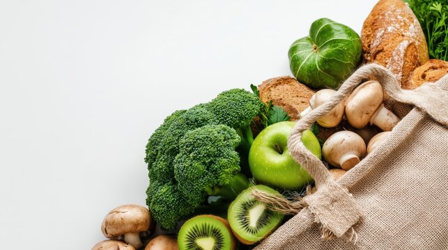 Fresh Vegetables and Fruits with Broccoli, Lettuce, Kiwi, Mushrooms, Garlic, Blueberries, Almonds, and Bread in Rustic Jute Bag