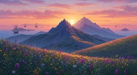 Scenic vista of rolling hills covered in wildflowers leading to majestic mountains at sunset with sailing ships on the horizon.