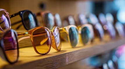 Modern Sunglasses with Reflective Lenses on Wooden Display Rack with Blurred Background

